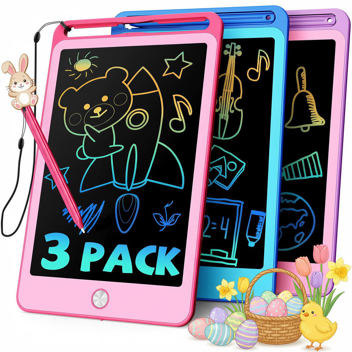 TEKFUN 3-pack LCD writing tablets in blue, pink, and purple for mess-free drawing sessions.