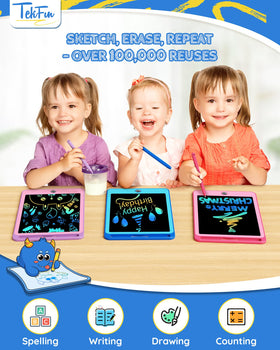 Close-up of TEKFUN 8.5-inch screens showing a bright erasable drawing surface.