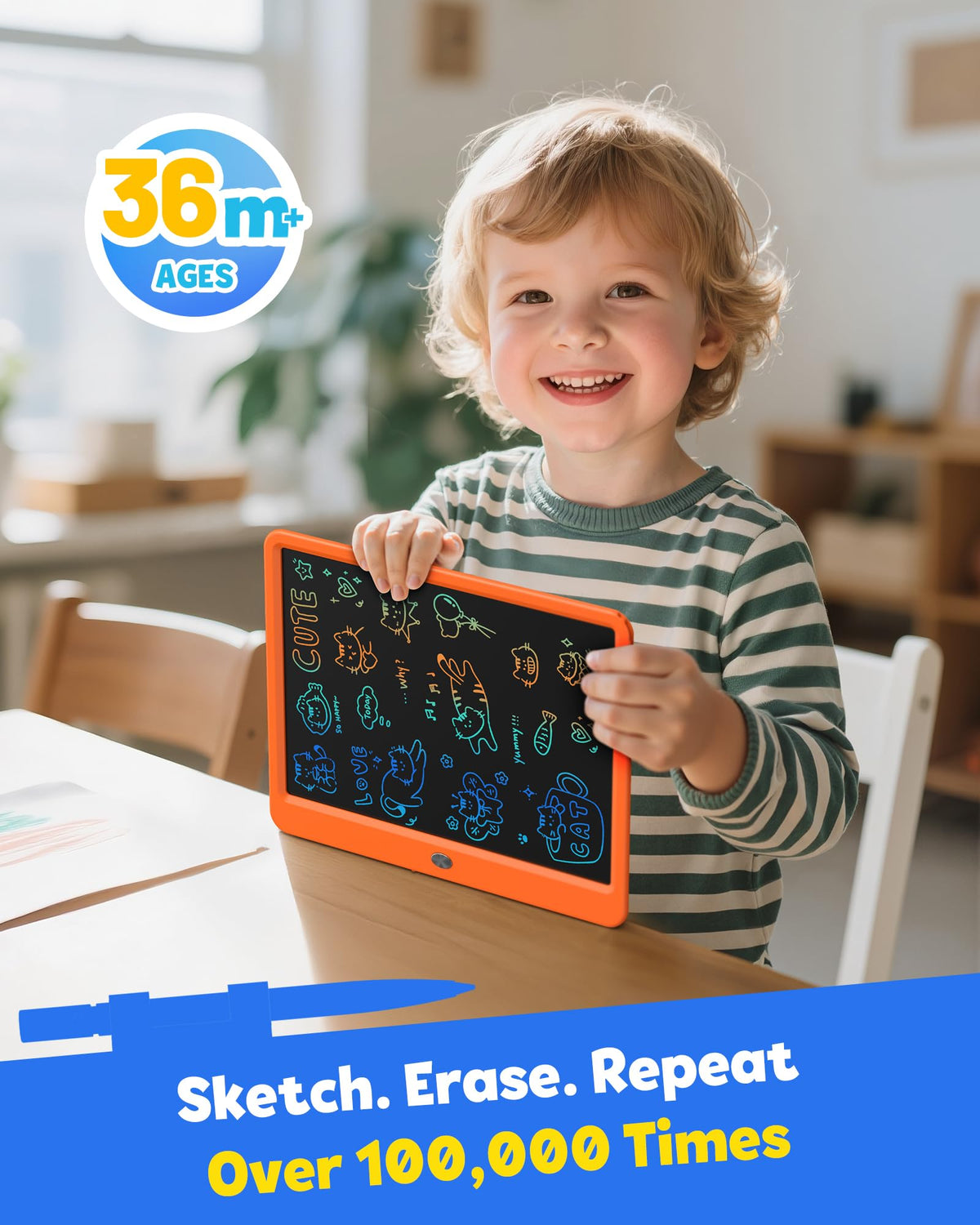 TEKFUN kids doodle board in action on an orange surface for mess-free drawing.