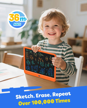 TEKFUN kids doodle board in action on an orange surface for mess-free drawing.