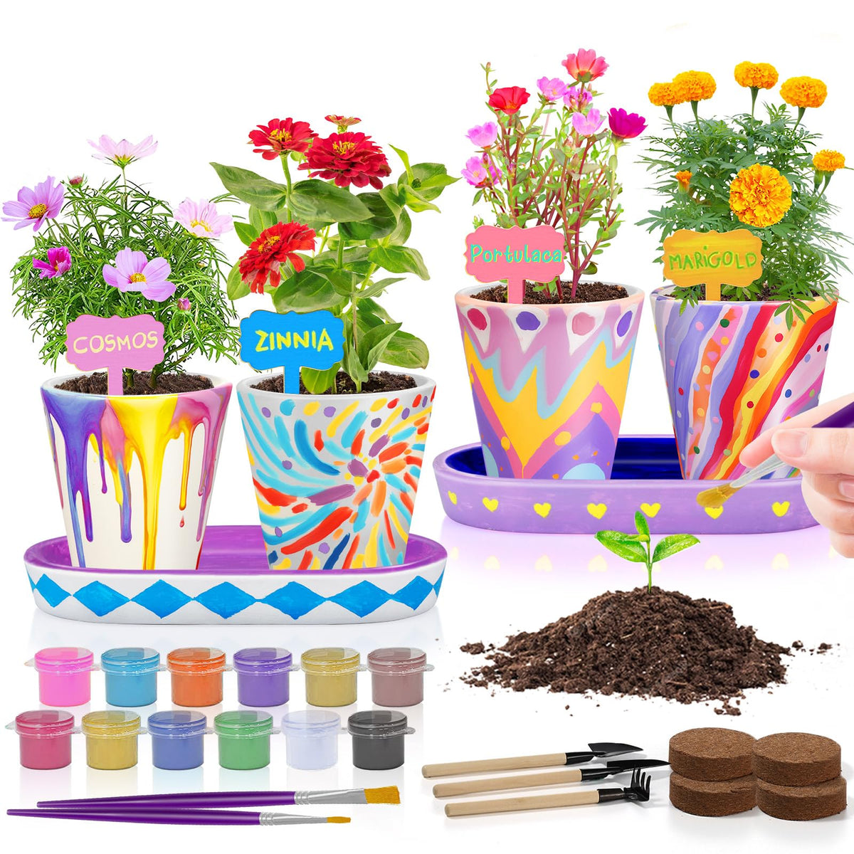 Tekoly 4-set gardening kit with painted pots for kids' creativity