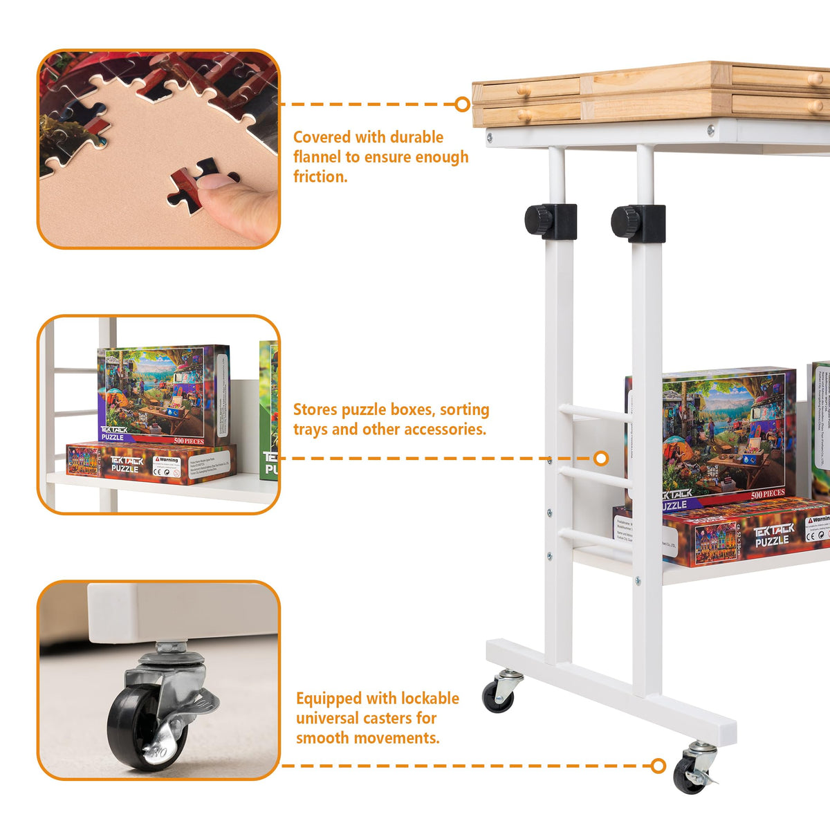 Tektalk bottom shelf provides extra storage for puzzle boxes and accessories.
