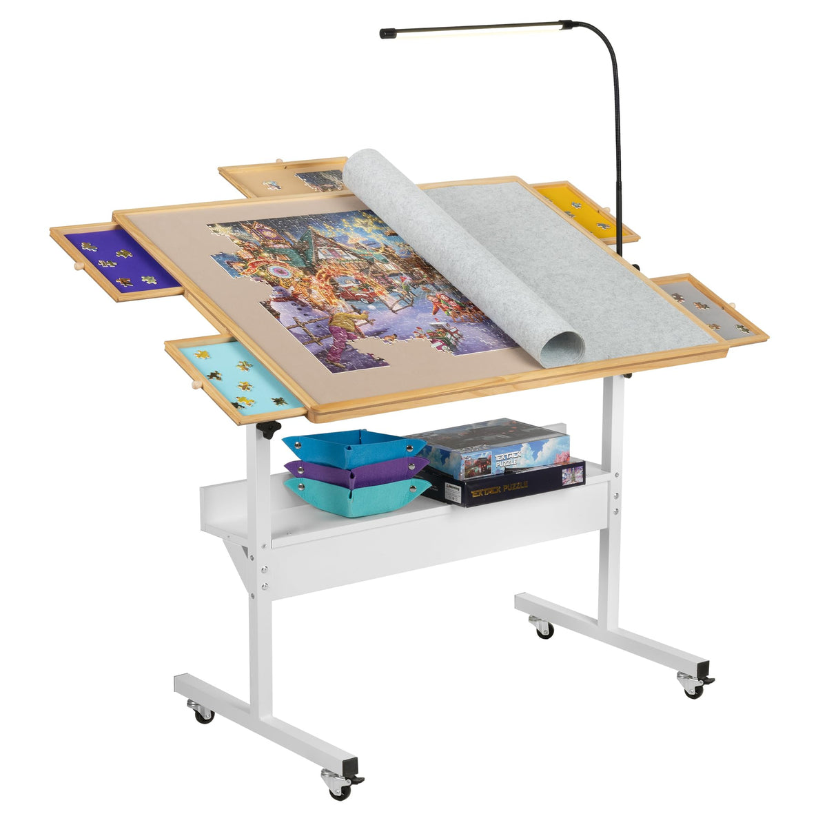 Tektalk Jigsaw Table with LED lamp provides clear illumination for late-night puzzling.