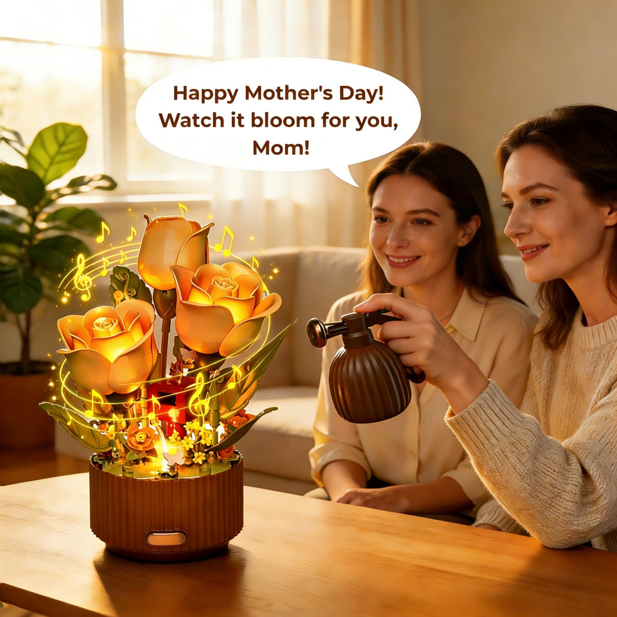 TekYetoi LED ambient glow lights the rose as a tranquil nightlight.