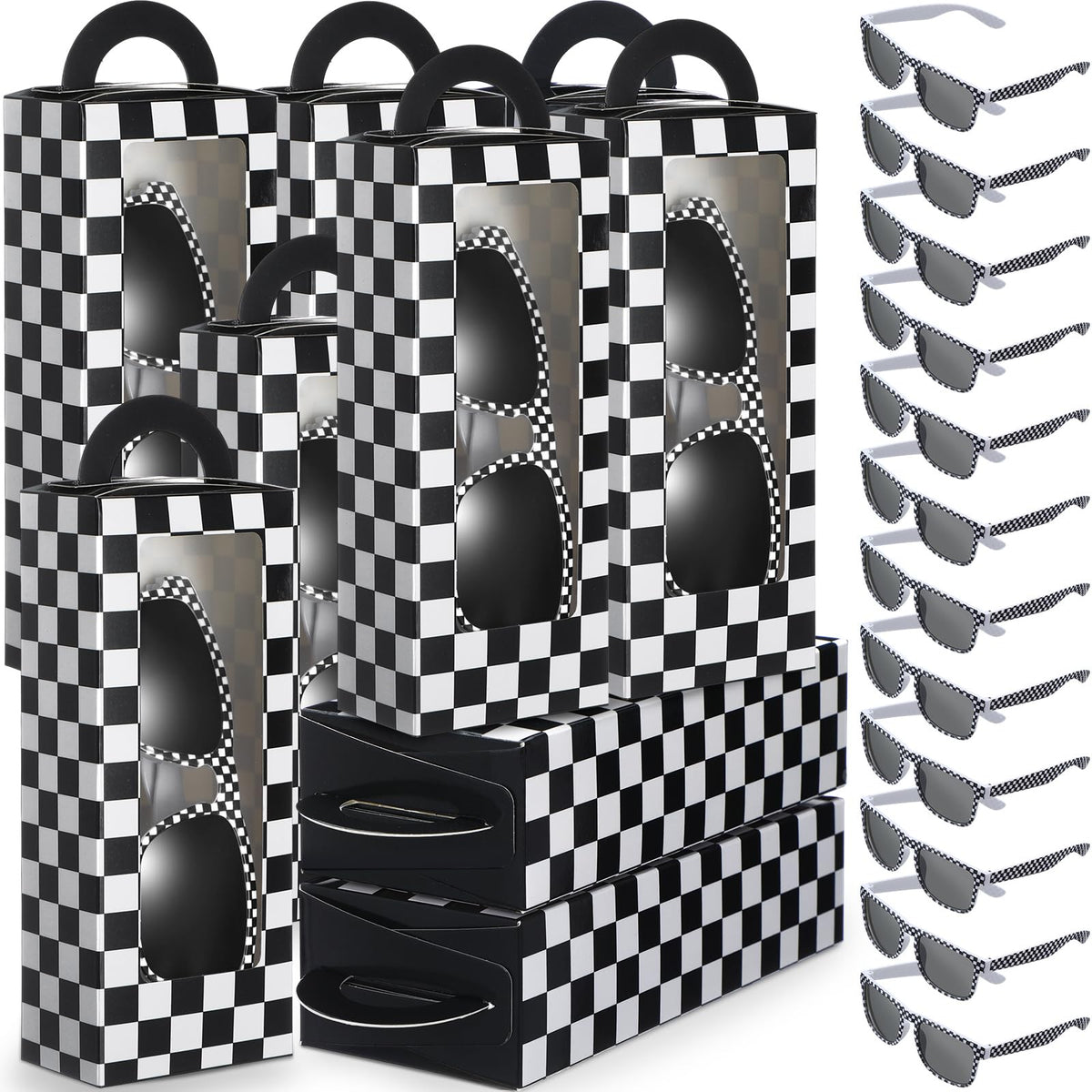 Tellegloww race car favor boxes with bold checkered design for party tables.