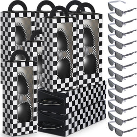 Tellegloww race car favor boxes with bold checkered design for party tables.