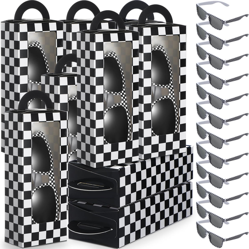 Tellegloww race car favor boxes with bold checkered design for party tables.