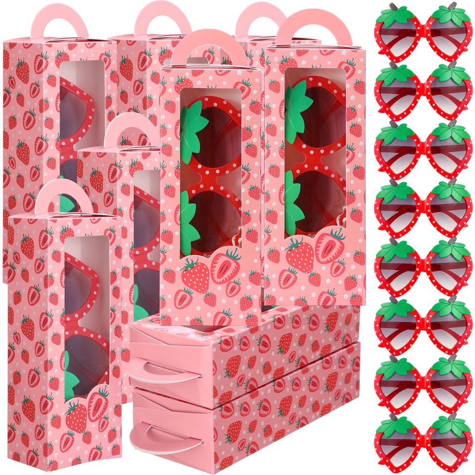 Tellegloww strawberry sunglasses used as playful party props and keepsakes.