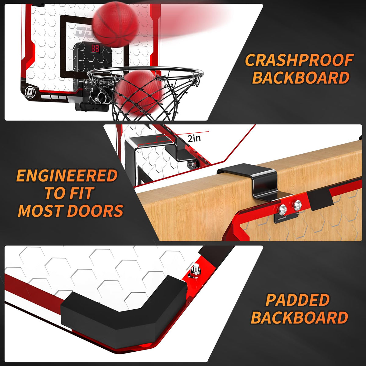 TEMI shatterproof backboard designed for durability during indoor games.