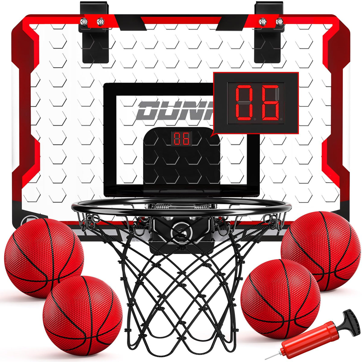 TEMI over-the-door basketball hoop setup for quick indoor play with family.