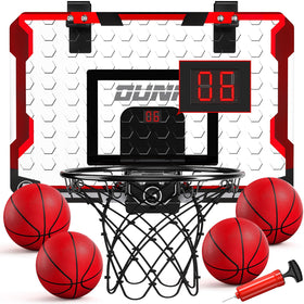 TEMI over-the-door basketball hoop setup for quick indoor play with family.