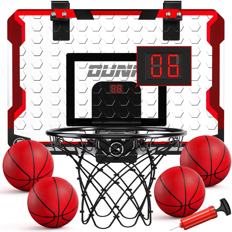 TEMI over-the-door basketball hoop setup for quick indoor play with family.
