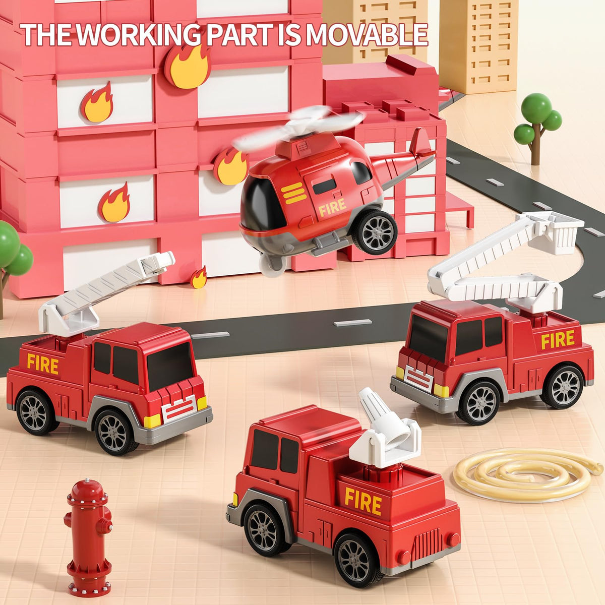 TEMI Fire Trucks helicopter alongside the set for adventurous missions