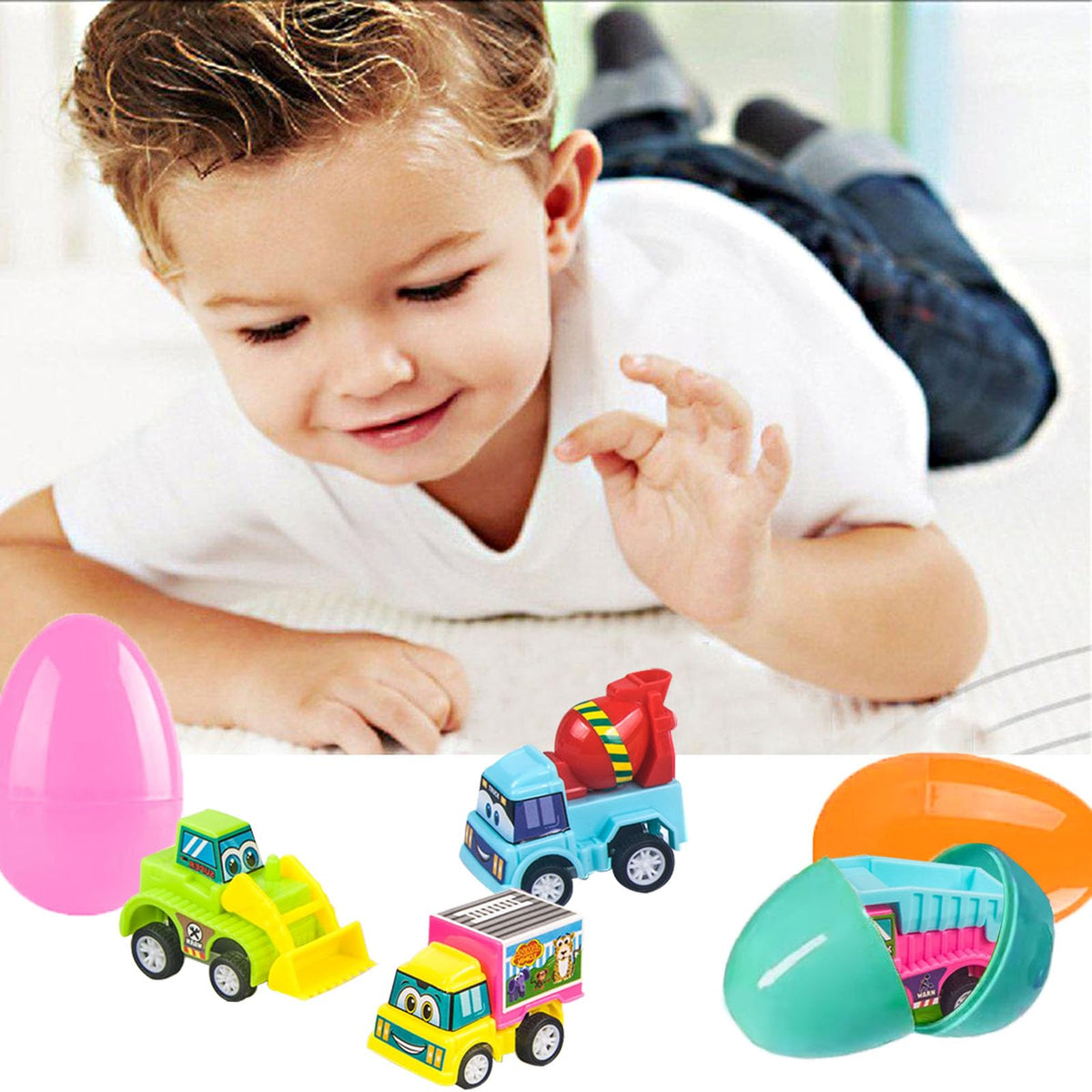 Colorful TEMOGU eggs hiding varied vehicles to support early vocabulary and activities