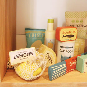 Tender Leaf grocery set labels detailed close-up, aids recognition and categorization skills.