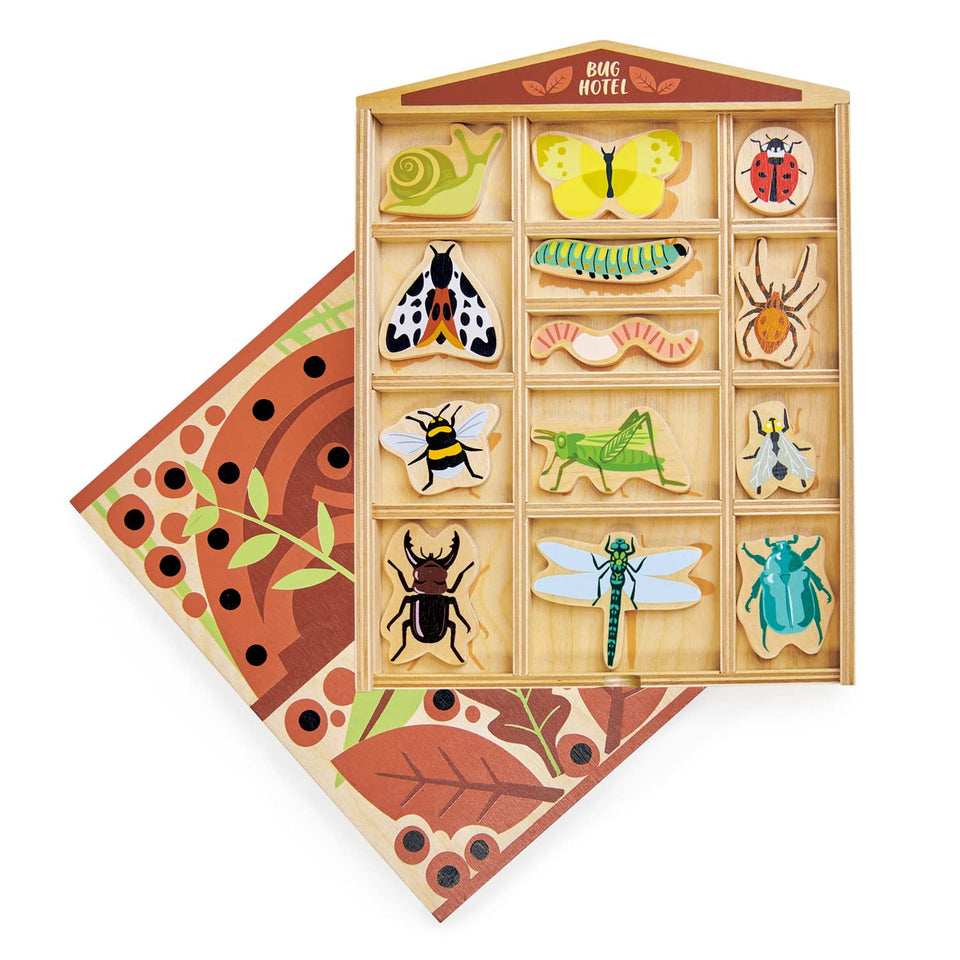Tender Leaf Toys Bug Hotel front panel with neatly arranged wooden bugs for open-ended play.