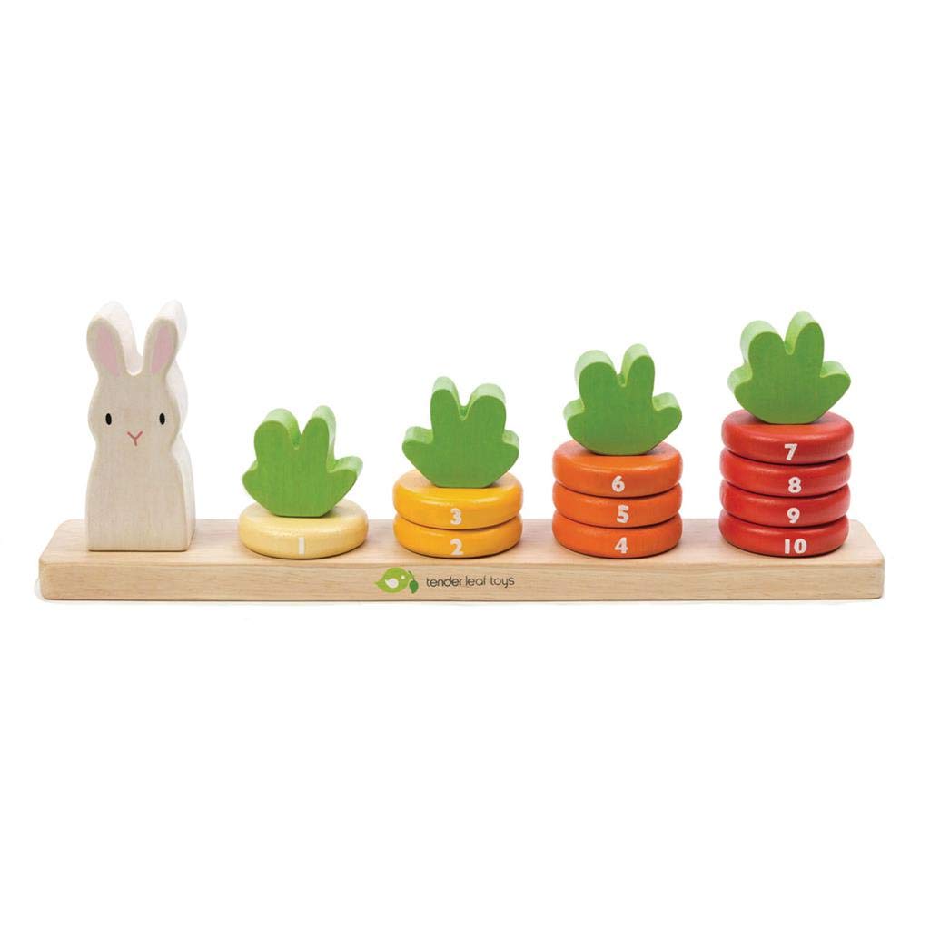 Tender Leaf Toys Counting Carrots rabbit piece with carrot tops highlights imaginative play.