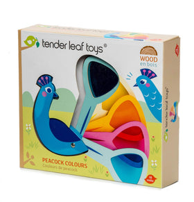 Tender Leaf Toys Peacock Colors five tail feathers ready for color mixing play.