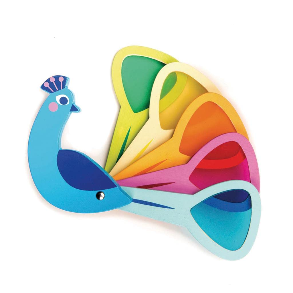 Tender Leaf Toys Peacock Colors renewable rubberwood construction highlights sustainable design.