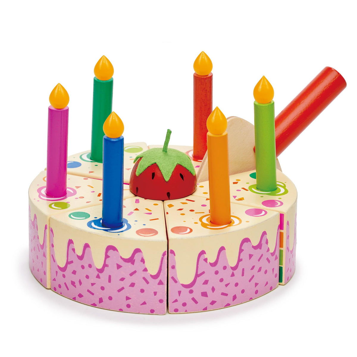 Tender Leaf Toys Rainbow Birthday Cake with candles highlights celebratory pretend play