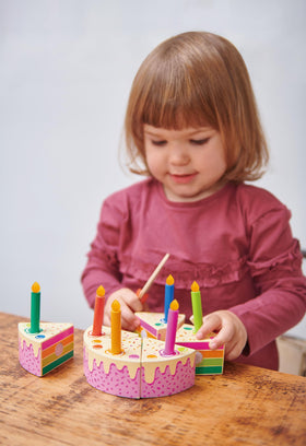 Tender Leaf Toys Rainbow Birthday Cake interior reveals colorful layers for storytelling
