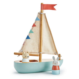 Tender Leaf Sailaway Boat front view with sails, ideal for imaginative, screen-free play.