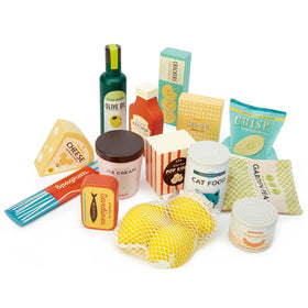 Tender Leaf wicker basket open with items, ready for imaginative grocery adventures.