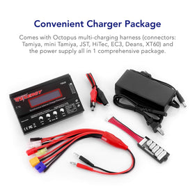 Tenergy 1S-6S charger rear panel shows multi-connector ports for flexible charging.