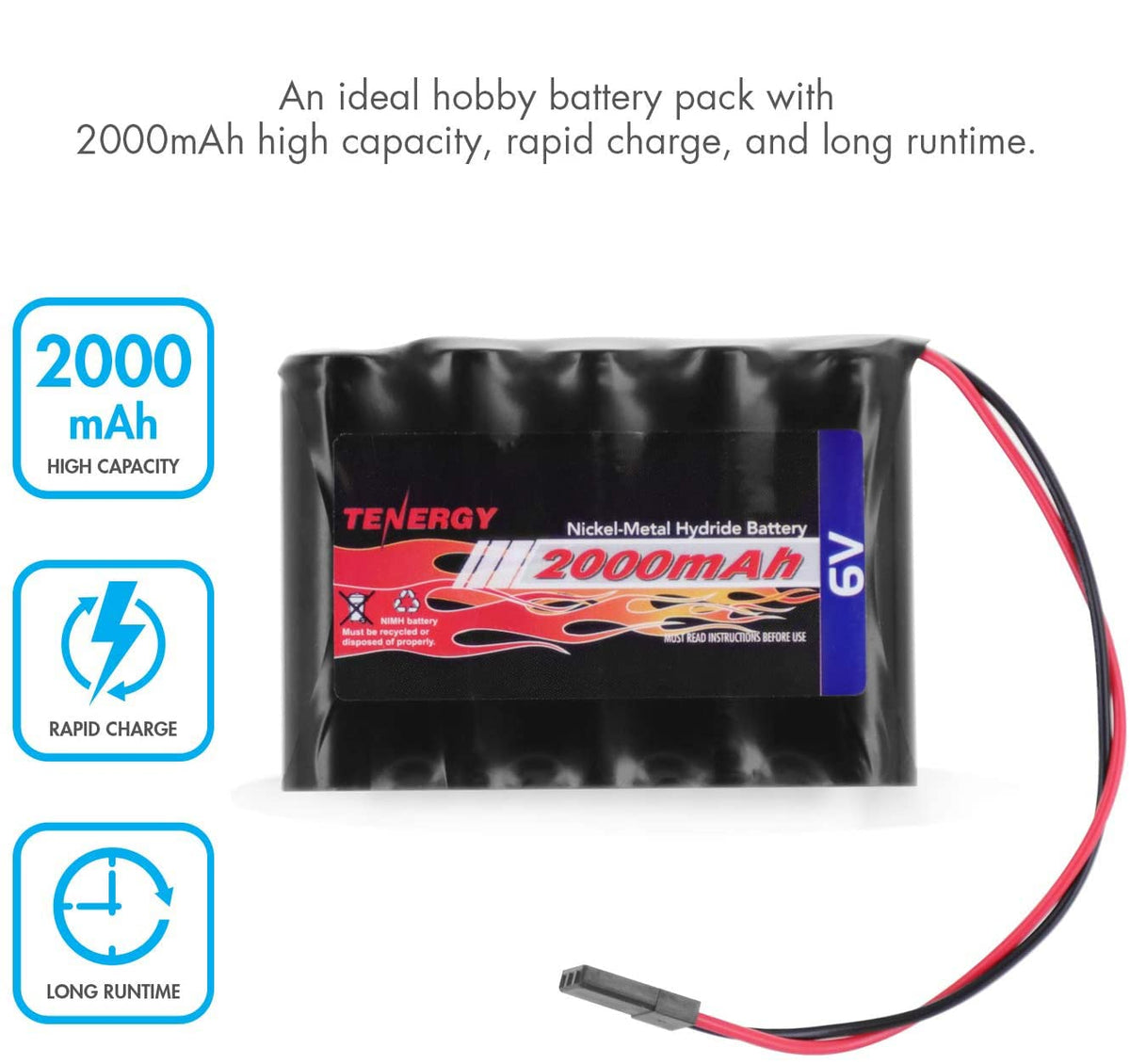 Tenergy RC receiver battery showing 6V output and Hitec compatibility