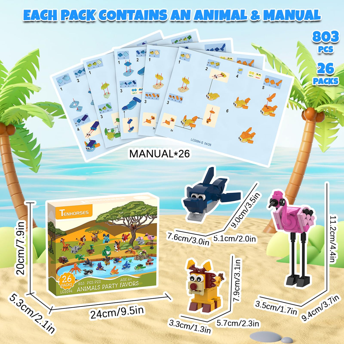 Tenhorses animal figures in bags with an instruction manual for easy assembly.