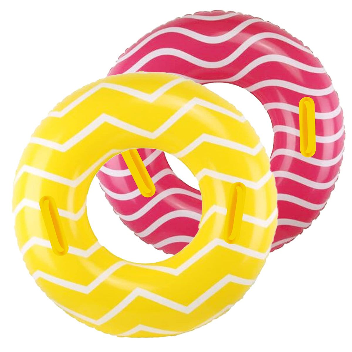 10Leccion pool tubes with yellow and pink handles offer a secure grip for pool lounging.