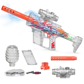 TENTAM Gel Trace Fire Blaster with transparent body showing internal mechanics for immersive play