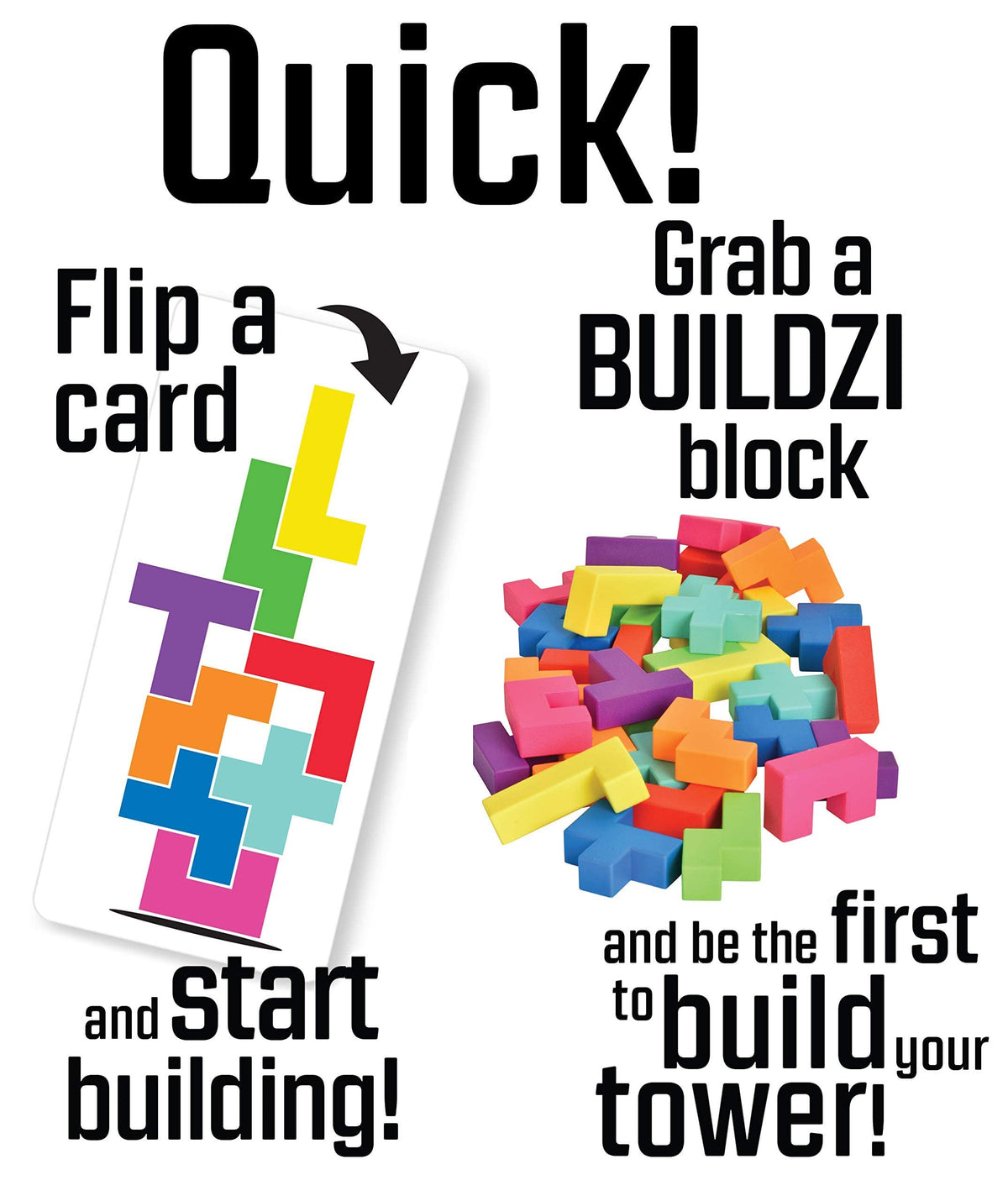 TENZI BUILDZI Block Cards in play encourage spatial reasoning and planning.