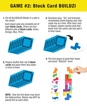 TENZI BUILDZI includes 32 blocks and 64 cards total for varied play.