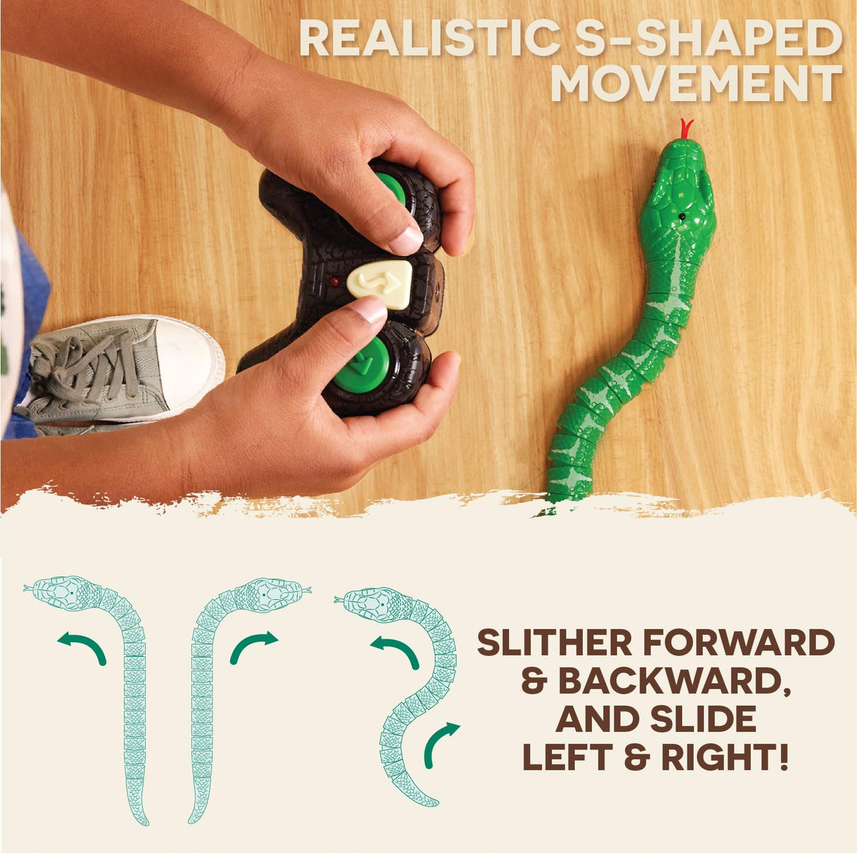 Remote transmitter included for easy steering of the Emerald Tree Boa.