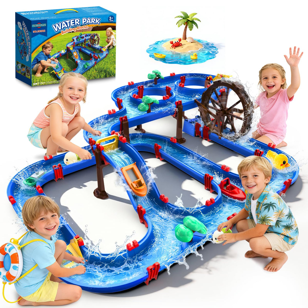 TERRAMUS 2-Tier Water Table with waterwheel, inviting cooperative outdoor play.