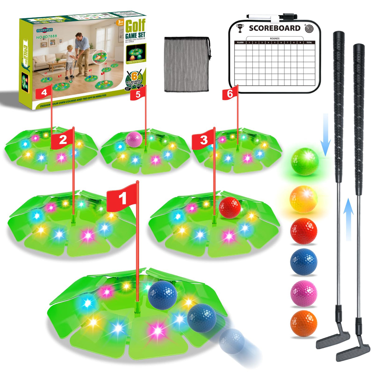 TERRAMUS Light Up Golf Play Set with 6 LED targets illuminates backyard practice at dusk.
