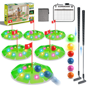 TERRAMUS Light Up Golf Play Set with 6 LED targets illuminates backyard practice at dusk.