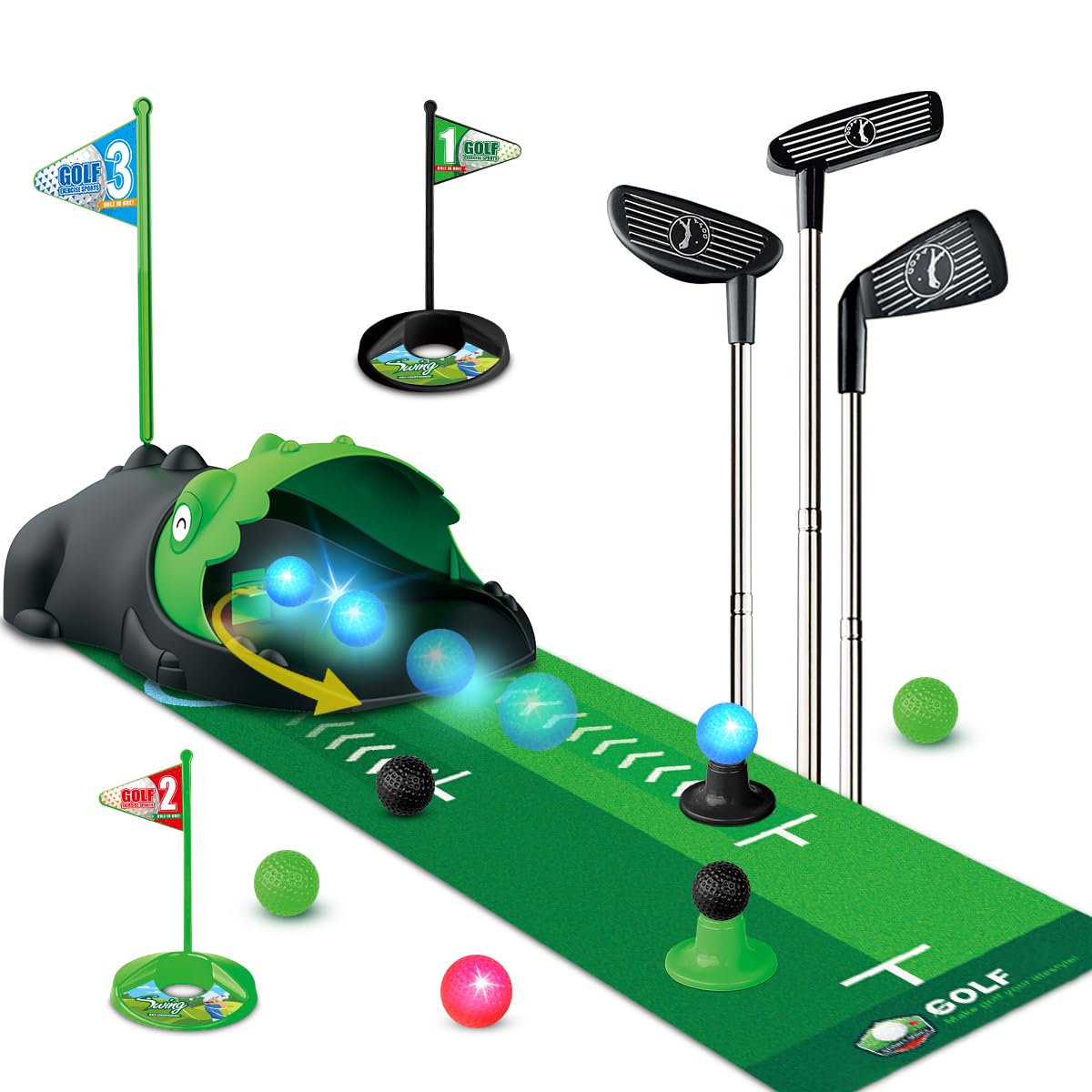 Terramus dinosaur auto ball returner in action for interactive putting practice.