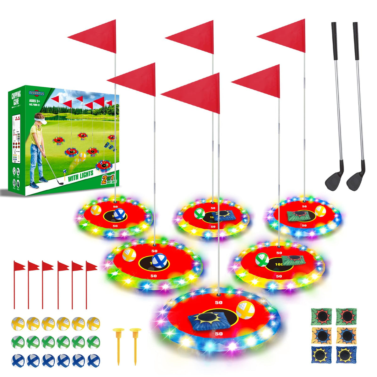TERRAMUS Light Up Golf Play Set glow targets illuminate backyard practice at night.