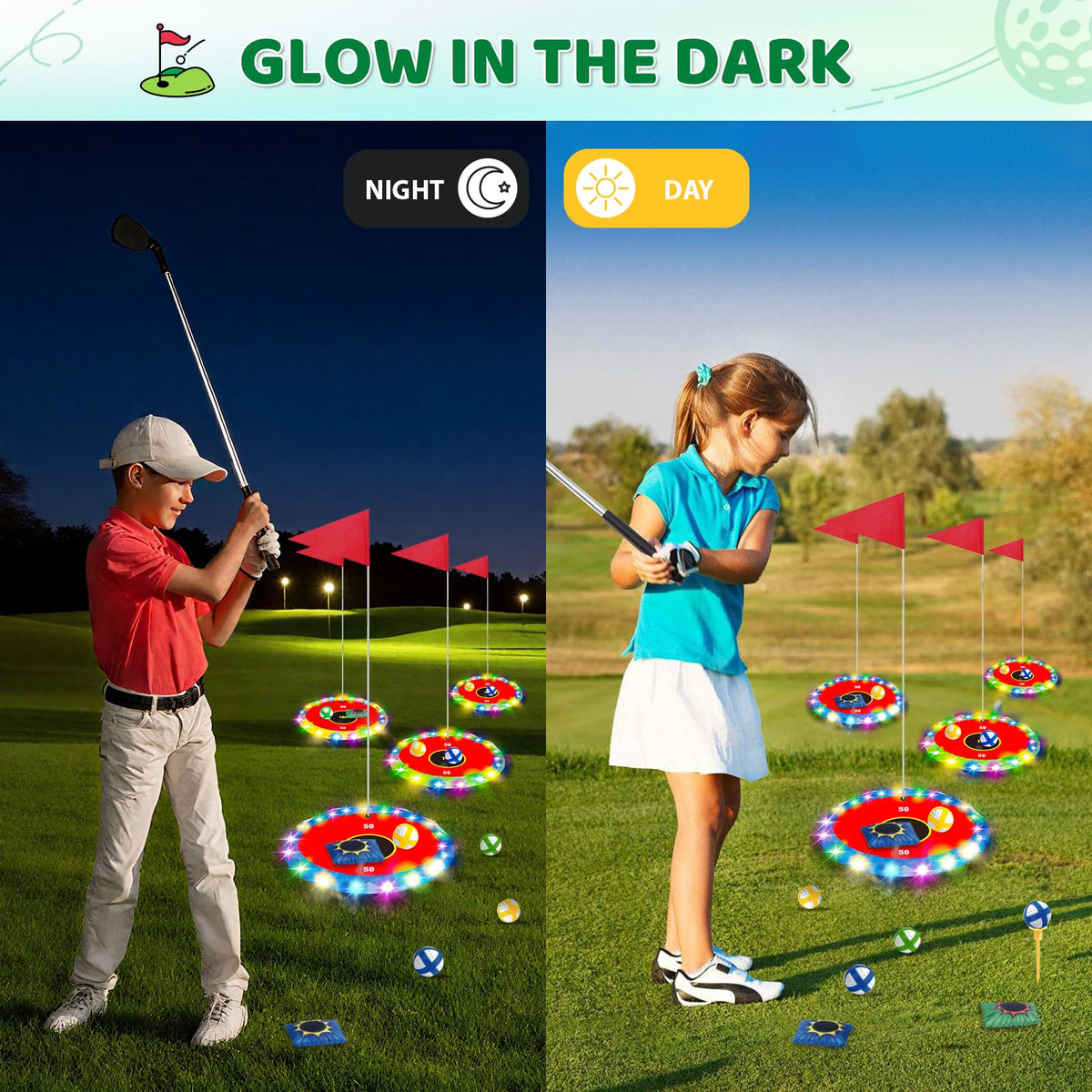 TERRAMUS Light Up Golf Play Set six glowing targets create portable mini courses.