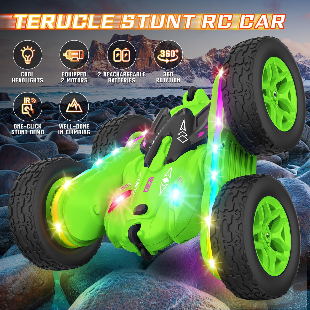 Terucle durable RC car with tough body for rugged use.