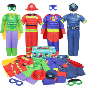 Teuevayl muscle-chest superhero costume in trunk encourages imaginative play