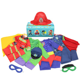 Teuevayl costume trunk accessories including masks and caps for quick changes