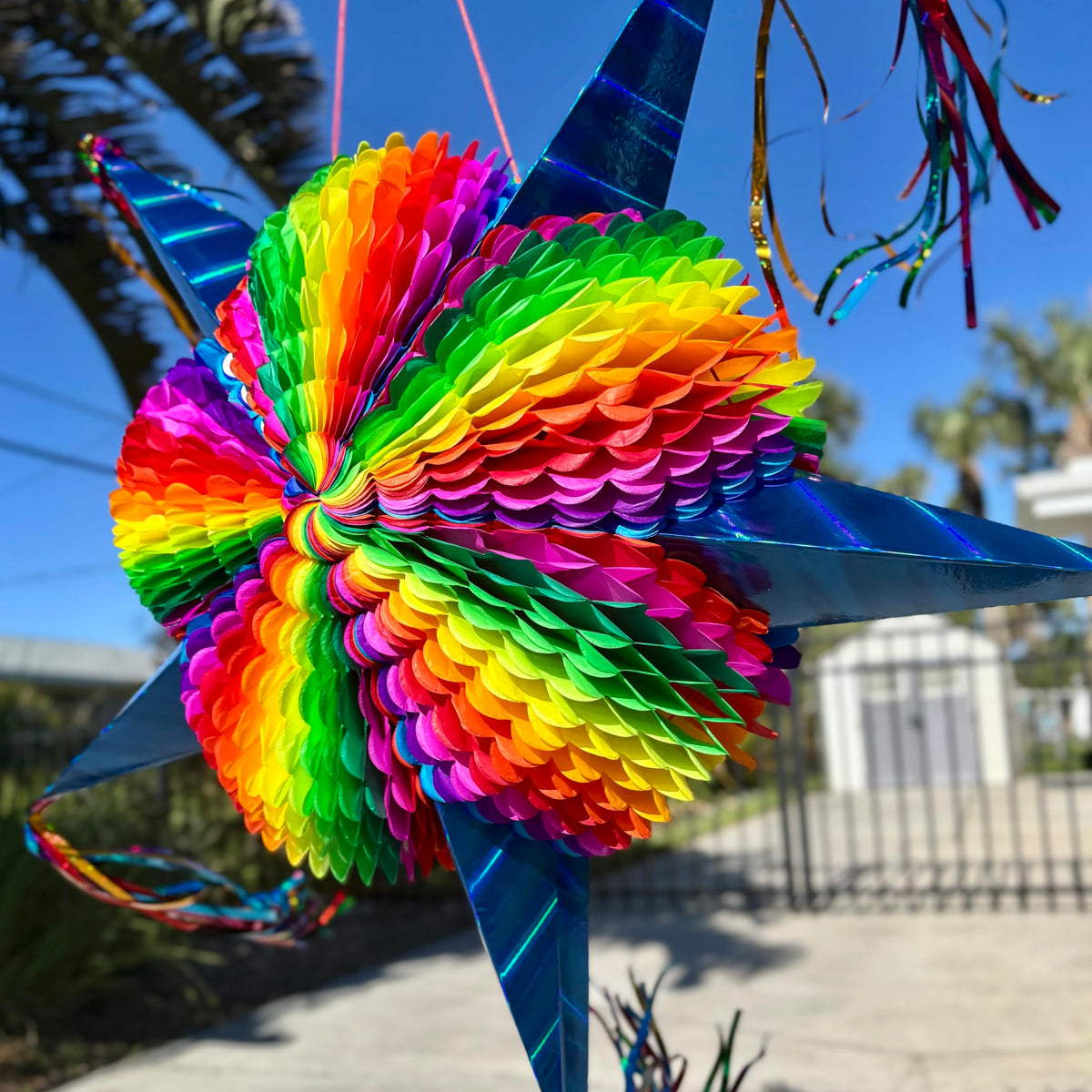 TexMex Fun Stuff pinata with 25-foot rope included for flexible hanging.
