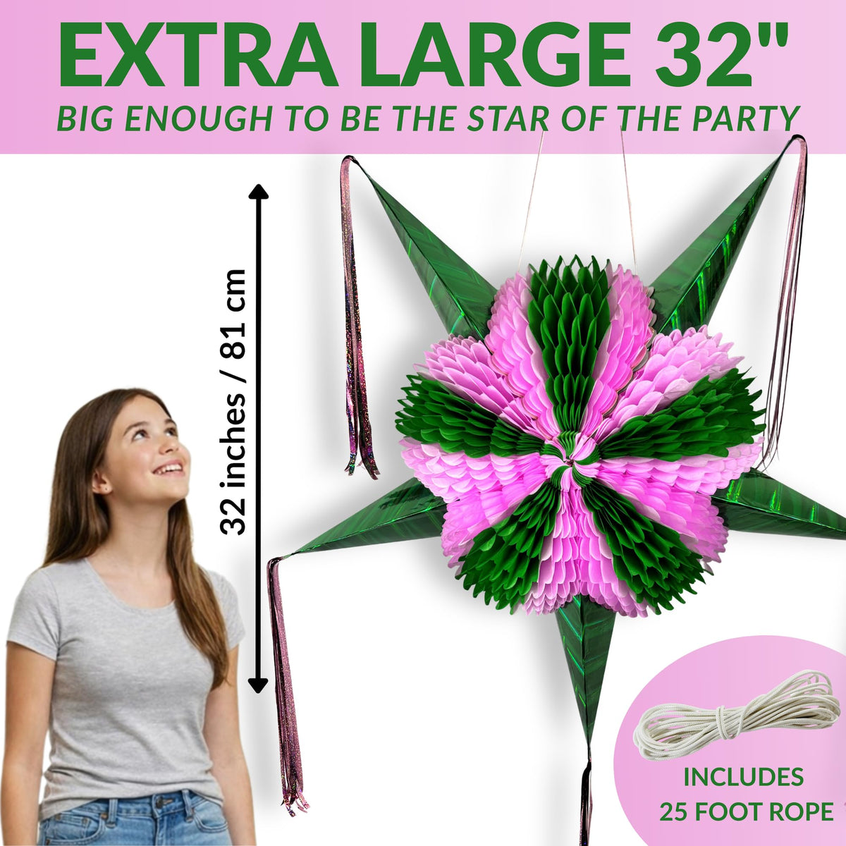 TexMex Fun Stuff pink and green pinata side view, bold color contrast for events.