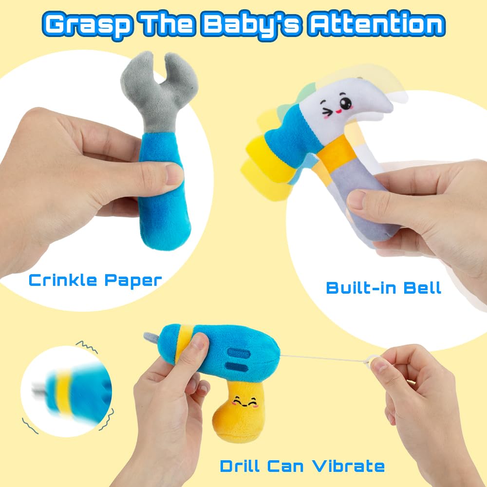 Teytoy plush tools with bells engaging toddlers in pretend play and discovery.