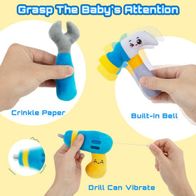 Teytoy plush tools with bells engaging toddlers in pretend play and discovery.