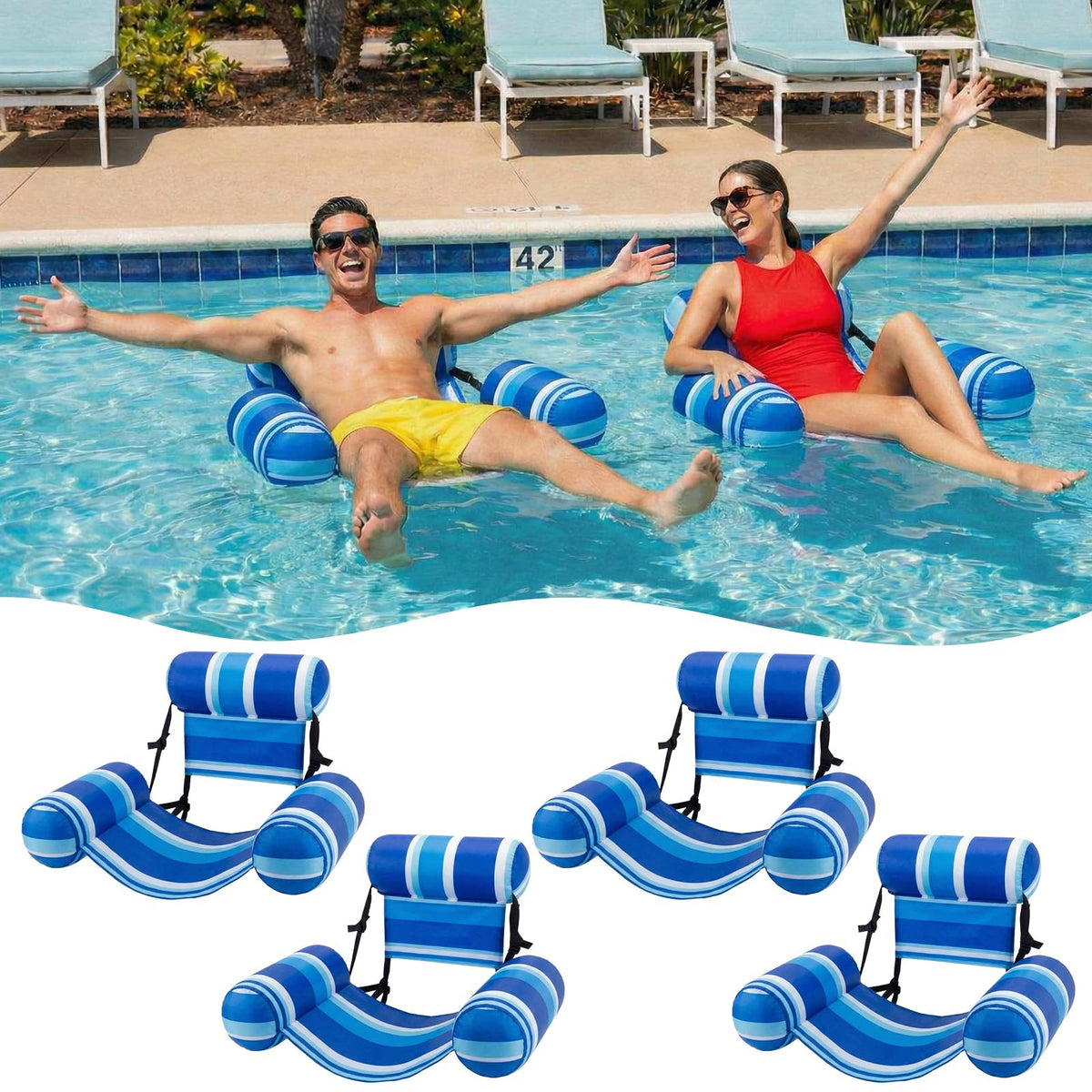 Teyva Daily blue striped pool float chair four-pack for poolside lounging