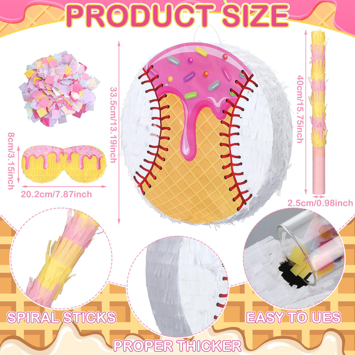 Teyva Daily ice cream drip baseball pinata side view for colorful celebrations